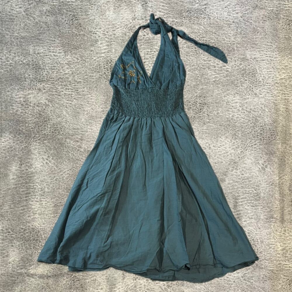 Teal Ruched Embellished Mini Halter Dress